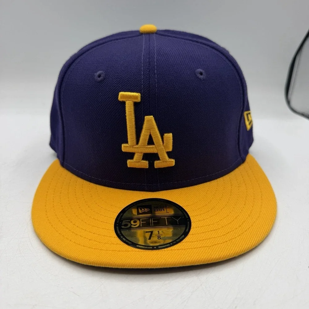 New Era 59Fifty Los Angeles Dodgers Hat Cap Sz 7 1/8 Fitted Purple Gold MLB